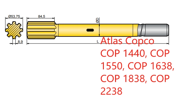 90516087, 90516098, 90516120, 90516106 Atlas Copco COP 1440, COP 1550, COP 1638, COP 1838, and COP 2238 Shank Adapters for Drifting